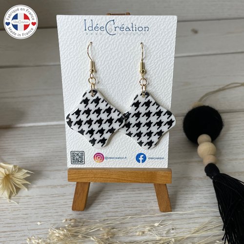 Boucles d'oreilles en argile polymère motif pied de poule entièrement faites main