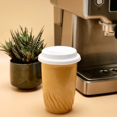 Mug de voyage "hot container" - mug de voyage en céramique miel- mug réutilisable design - tasse en grès avec couvercle silicon