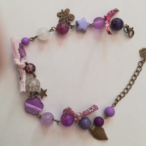 Chaine cheville mauve, perles et ruban liberty