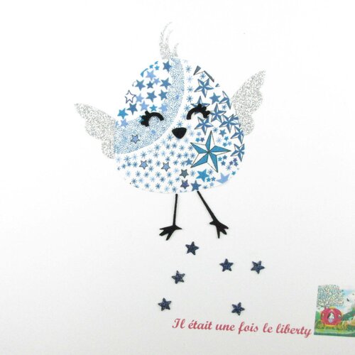 Appliqués thermocollants oiseau joyeux en liberty adelajda bleu et tissu pailleté patch à repasse