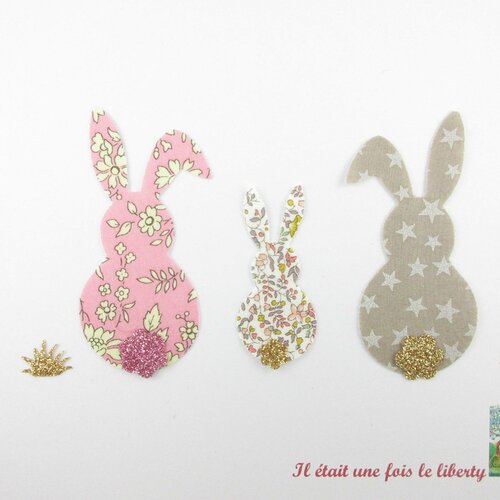 Appliqués thermocollants famille lapins en liberty capel katie and millie tissu étoilé + flex pailleté patches bunny family iron on motif