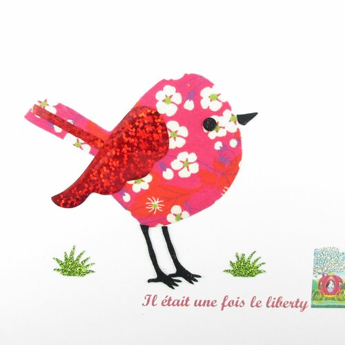 Appliqué thermocollant oiseau en tissu liberty mitsi hot pink et tissu hologramme rouge patch à repasser appliques liberty thermocollants