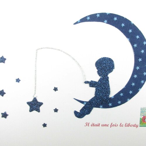 Appliqués thermocollants petit garçon qui pêche des étoiles sur 1 lune en tissu bleu marine étoilé+ flex pailletés patch à repasser boy moon