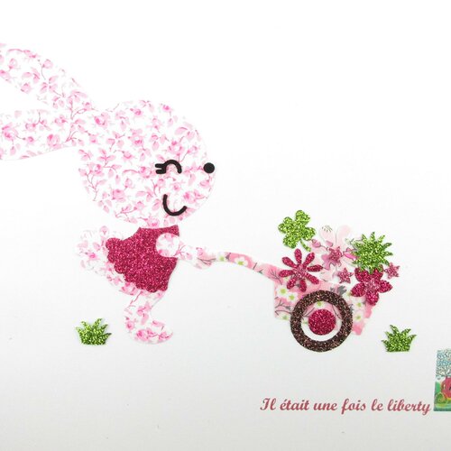 Appliqués thermocollants lapin brouette fleurs tissu liberty mickaël rose, mitsi valeria applique à repasser patch écusson iron on bunny