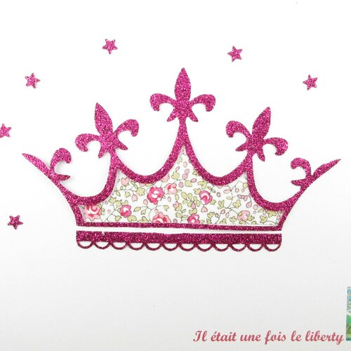 Appliqué thermocollant couronne de princesse en liberty eloïse rose et flex pailleté iron on crown princess applied fusing liberty écusson