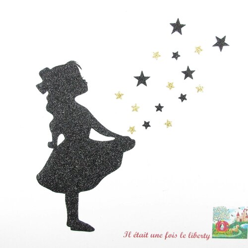 Appliqués thermocollants petite fille et étoiles tissus pailletés patch à repasser fillette paillette motif fille écusson iron on girly