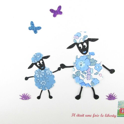 Appliqués thermocollants moutons (maman &amp; bébé) en liberty betsy bleu et capel bleu + flex pailletés patch à repasser motifs thermocollants