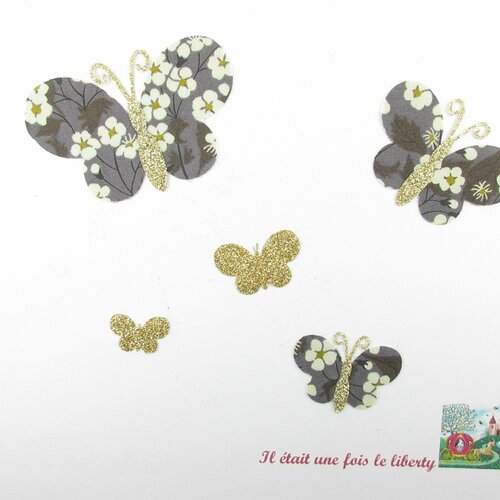 Appliqués thermocollants papillons tissu liberty mitsi gris flex pailleté or applique liberty thermocollant 