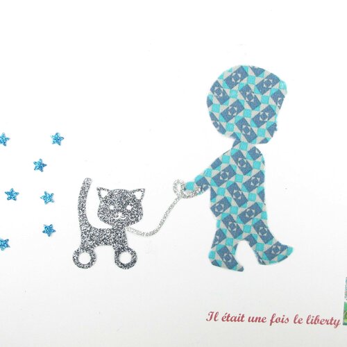 Appliqués thermocollants petit garçon chat jouet tissu géométrique bleu flex pailleté patch à repasser bébé motif enfant écussons
