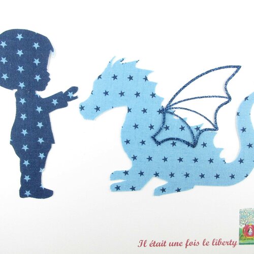 Appliqués thermocollants petit garçon dragon tissu étoilé bleu flex pailleté motif thermocollant dragon appliques écusson patch à repasser