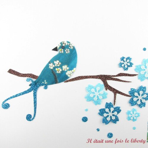 Appliqués thermocollants oiseau en liberty pamela judith bleu &quot;l'oiseau lyre sur une branche de cerisier&quot; appliques liberty patch à repasser