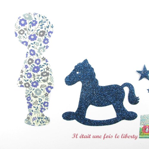 Appliqués thermocollants petit garçon et cheval à bascule liberty fairford bleu &amp; tissu pailleté patch à repasser cheval motif thermocollant