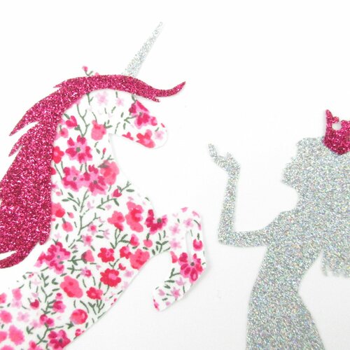 Appliqués thermocollants licorne et princesse en liberty phoebe rose &amp; flex pailletés patch repasser iron on applied fusing princess unicorn