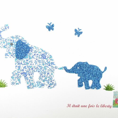 Patch à repasser appliqués thermocollants famille éléphants maman bébé tissu liberty katie and millie bleu flex pailleté écusson