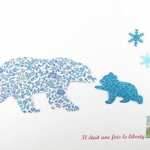 Appliqués thermocollants ours polaire (maman et bébé) tissu liberty katie and millie bleu et flex pailleté patch à repasser motif teddy bear