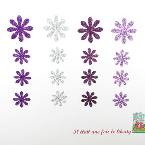 Appliqués thermocollants 16 fleurs en tissu pailleté argent mauve et violet patch à repasser fleurs pailletées motif thermocollant écussons