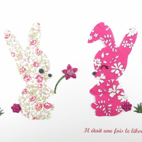 Patch lapins à repasser appliqués thermocollants liberty lapins amoureux tissus eloïse rose -capel fuchsia motif thermocollant liberty bunny