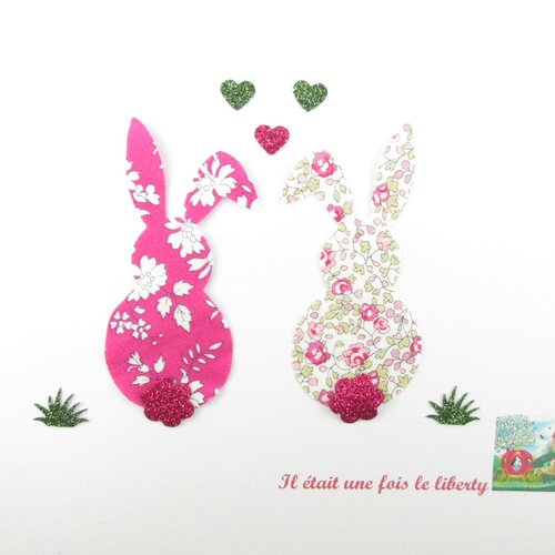 Appliqués thermocollants liberty lapins amoureux en tissu capel fuchsia et eloïse rose +flex pailleté iron on patches bunnies lovers écusson