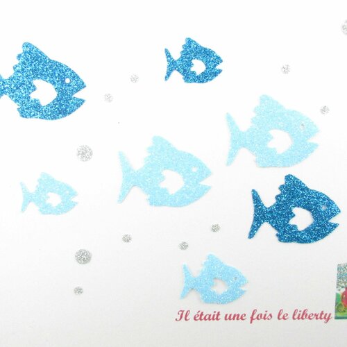 Appliqués thermocollants 7 poissons en tissus pailletés bleu et turquoise (coloris au choix)