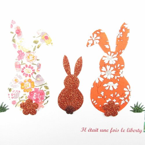 Appliqués thermocollants liberty lapins papa, maman, et moi en liberty kaylie sunshine corail et capel orange iron on patch bunnies liberty