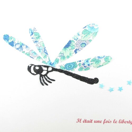 Appliqué thermocollant libellule en tissu liberty elysean bleu &amp; flex pailleté noir applied fusing dragonfly liberty patch à repasser