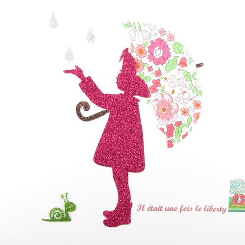 Appliqués thermocollants liberty petite fille sous un parapluie en liberty d'anjo rose, flex pailleté patch à repasser