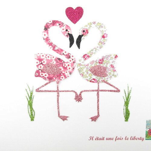 Patch à repasser appliqué thermocollant flamants roses amoureux en liberty mitsi valeria &amp; eloïse roses et flex pailleté iron on flamingoes
