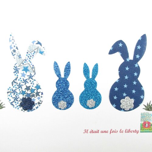 Appliqué thermocollant liberty famille lapins en tissus adelajda bleu et bleu marine étoilé +tissus pailletés patches bunny family écusson