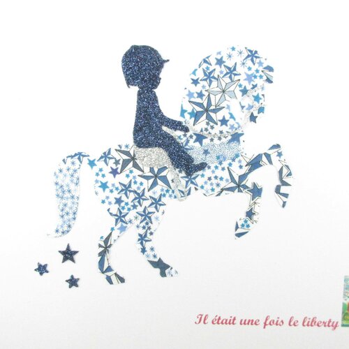 Appliqués thermocollants petit garçon sur son cheval &quot;le petit cavalier&quot; en tissu liberty adelajda bleu et flex pailletés appliques liberty