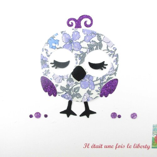 Appliqué thermocollant oiseau assoupi liberty june's meadow violet et flex pailleté patches à repasser motifs oiseau liberty thermocollants