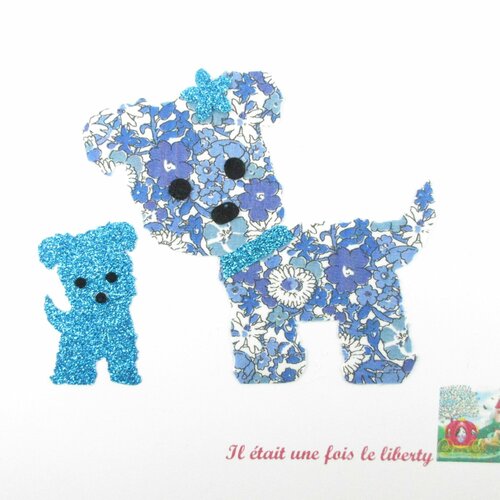 Appliqués thermocollants chien et son bébé tissu liberty cavendish bleu flex pailletés patch à repasser motif chiens liberty thermocollants