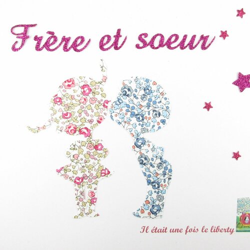 Appliqués thermocollants petite fille et petit garçon &quot;frère et soeur&quot; tissus liberty eloïse rose et bleu flex pailleté patches à repasser