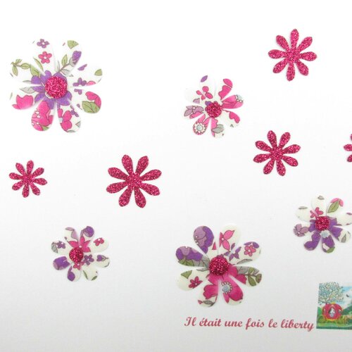 Appliqués thermocollants 10 fleurs en tissu liberty japonais lecien violet et fuchsia flex païlleté motifs thermocollants liberty fleurs