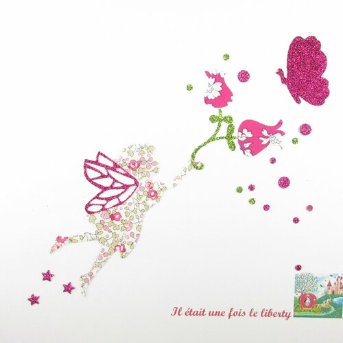 Appliqués thermocollants fée fleurs papillons tissu liberty eloïse rose capel fuchsia flex pailleté patch à repasser appliques liberty
