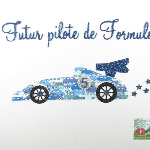 Appliqués thermocollants voiture liberty cars bleu flex pailleté &quot;futur pilote de formule 1&quot; patch à repasser motifs thermocollants liberty