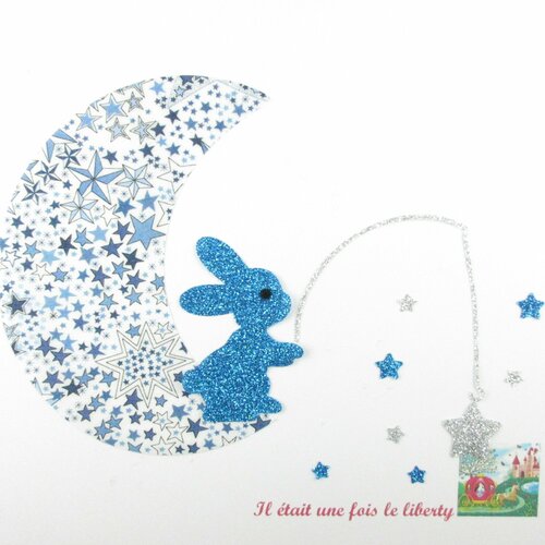 Appliqué thermocollant lapin qui pêche étoile lune tissu liberty adelajda bleu flex pailleté turquoise motif lapin patch à repasser