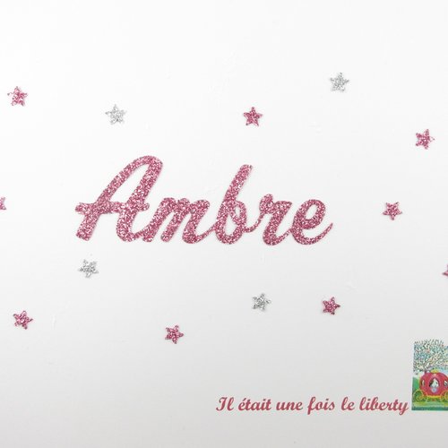 T.1 - 2 cm appliqué thermocollant prénom personnalisable de 5 lettres (ambre, ex. proposé) en flex pailleté rose (coloris au cho