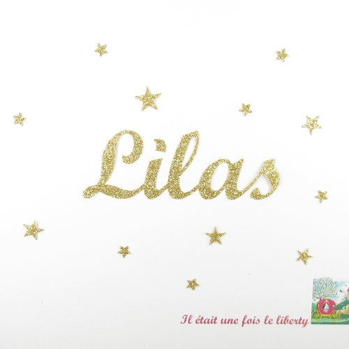 T.1 - 2 cm appliqué thermocollant prénom personnalisable de 5 lettres (lilas ex. proposé) en flex pailletés (coloris au cho