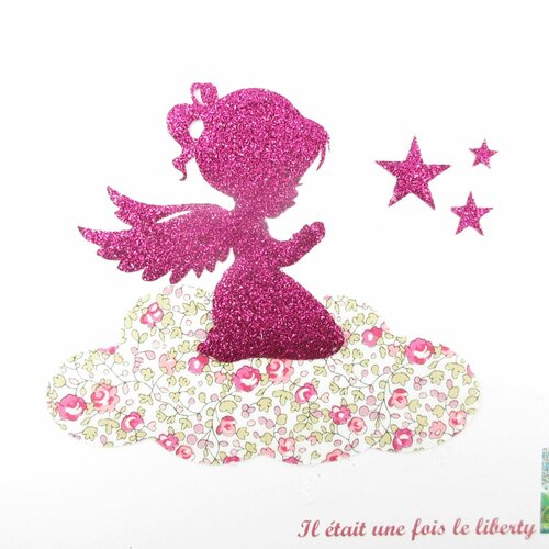 Appliqués thermocollants petit ange en prière sur un nuage en liberty eloïse rose et flex pailleté (communion, baptême) patch thermocollant