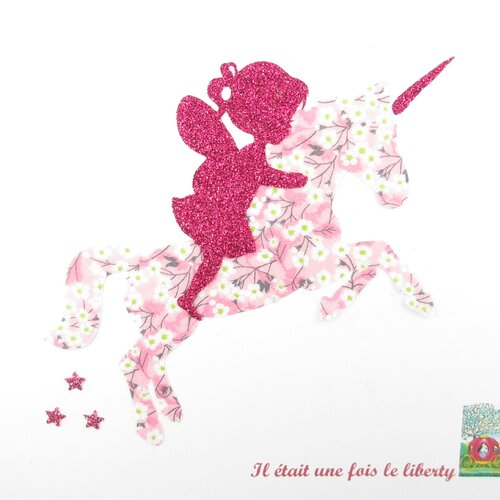 Appliqués thermocollants fée sur une licorne en liberty mitsi valeria rose rose et tissu pailleté fuchsia patch à repasser motif fée liberty