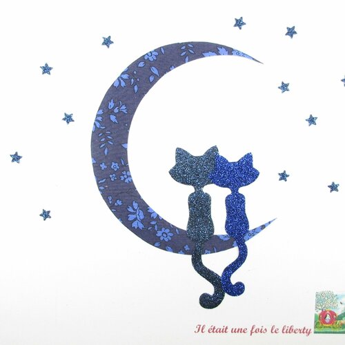 Appliqué thermocollant chats au clair de lune en tissu liberty capel indigo et flex pailletés bleu marine et bleu roi