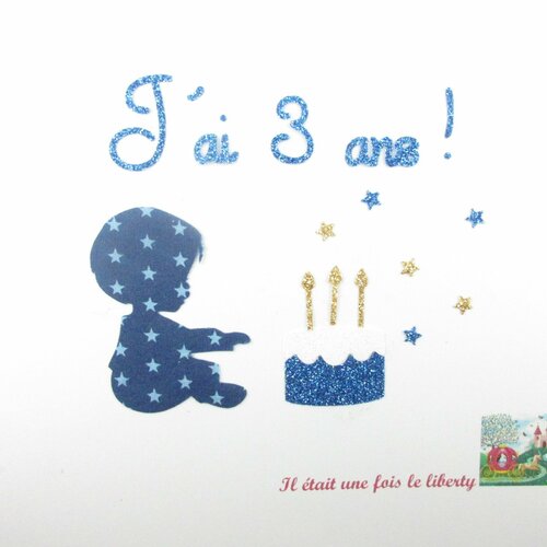 Appliqués thermocollants petit garçon anniversaire 3 ans tissu bleu marine étoilé flex pailleté patch à repasser décoration fête célébration