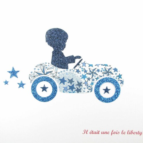 Appliqués thermocollants petit garçon et voiture en liberty adelajda bleu et flex pailleté motifs thermocollants liberty patches à repasser