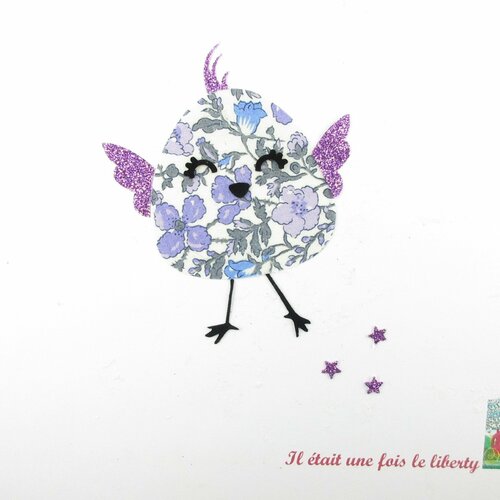 Appliqués thermocollants oiseau joyeux liberty june meadow violet flex pailleté patch à repasser