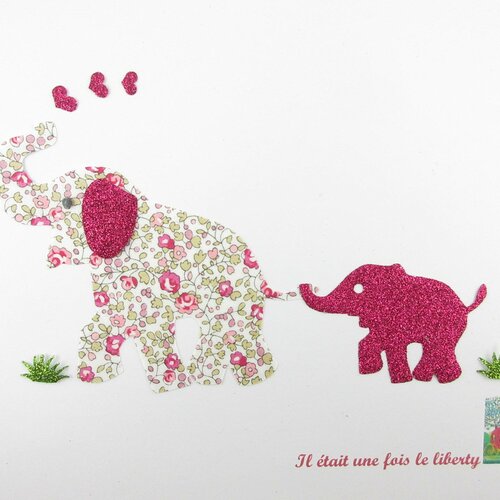 Appliqués thermocollants famille éléphants en liberty eloïse rose &amp; flex pailleté patch à repasser écusson applique elephant iron on glitter