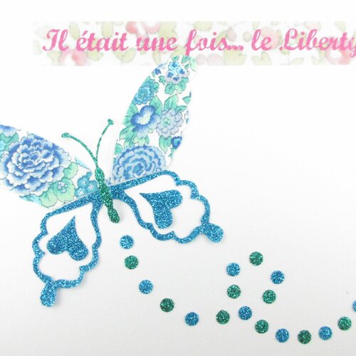 Appliqué thermocollant liberty papillon en tissu liberty elysean bleu &amp; flex pailleté motif thermocollant appliques liberty écusson papillon