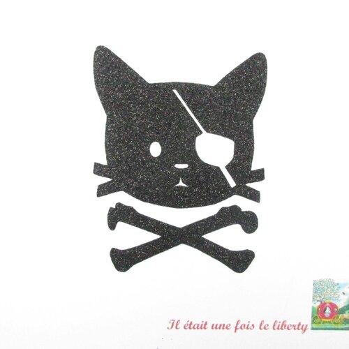 Appliqué thermocollant chat pirate en flex pailleté noir applique pirate thermocollant pattern iron on pirate applied fusing cat  pirate