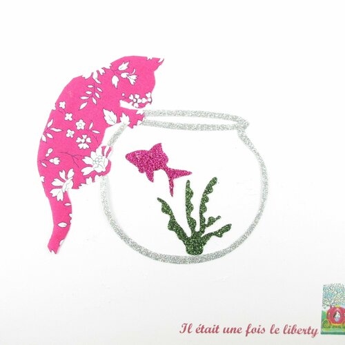 Appliqués thermocollants petit chat aquarium poisson rose en liberty capel fuhsia flex pailletés patch à repasser appliques chat liberty