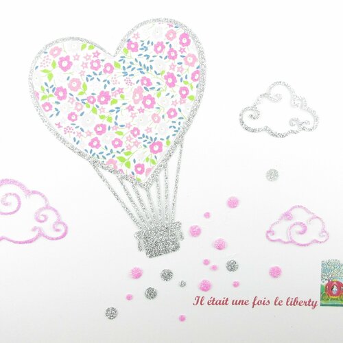 Appliqués thermocollants montgolfière coeur nuage tissu liberty fairford rose flex pailleté argent rose patch à repasser écussons ballon air