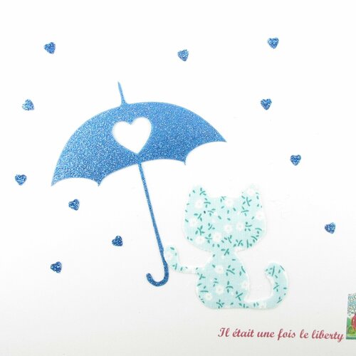 Appliqué thermocollant chat sous un parapluie pluie coeur tissu imprimé liberty fleurs bleu ciel flex pailleté patch à repasser écussons